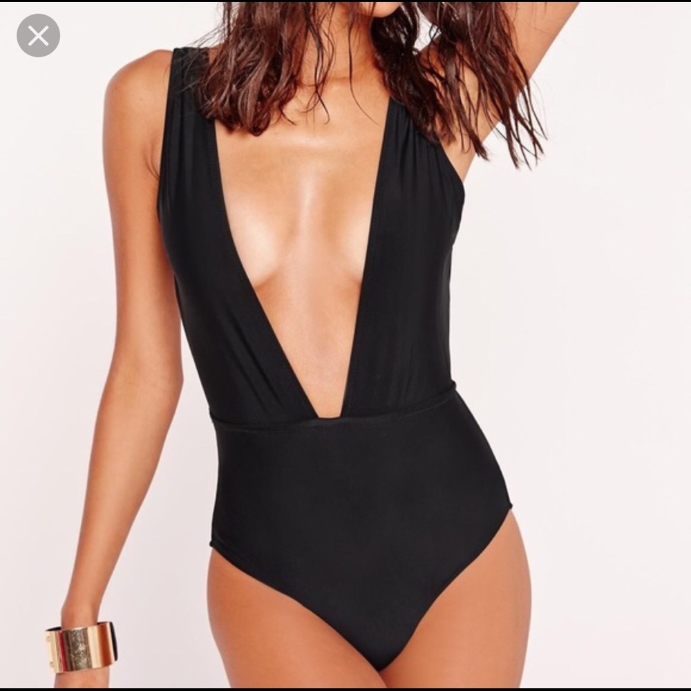 Missguided Black Deep Plunge Neck Swimsuit